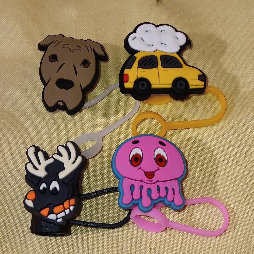 Stanley 10MM Straw Toppers 4   Pack (#56) Dog, Reindeer,  Octopus,  Car